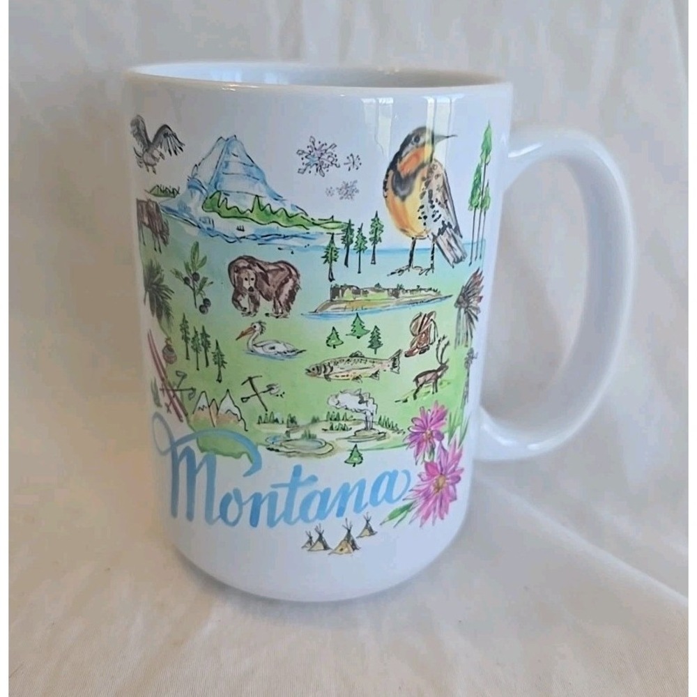 Boston International Large Handled Montana‎ Mug Cup Bird Bear Flowers Skis Fish
